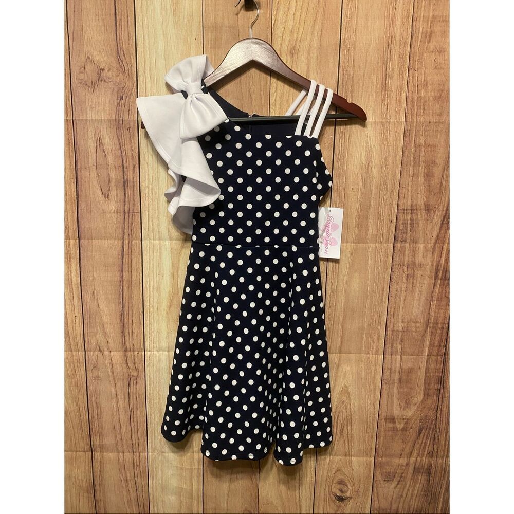 Bonnie Jean size 10 girls NWT dress ruffle shoulder bow navy blue white dot